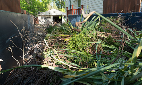 叶子，树枝和其他庭院废物在一个15码滚掉的容器.