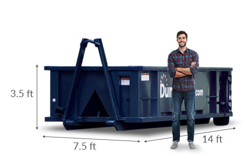 A Man Standing Near a Blue 10 Yard Roll Off Dumpster.