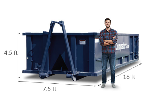 A man standing near a15 yard dumpster showing dimensions of 16 feet x 7.5 feet x 4.5 feet.