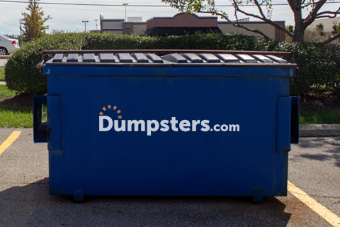 A blue Dumpsters.com 2 cubic yard front load dumpster