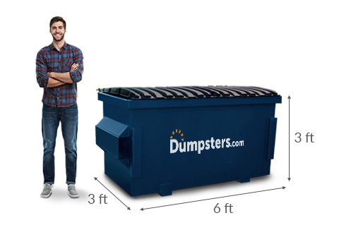 A man standing next to a 2 yard dumpster with dimensions of 6 feet x 3 feet x 3 feet