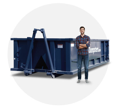 circle image of a 20 yard roll off dumpster with a man standing next to it