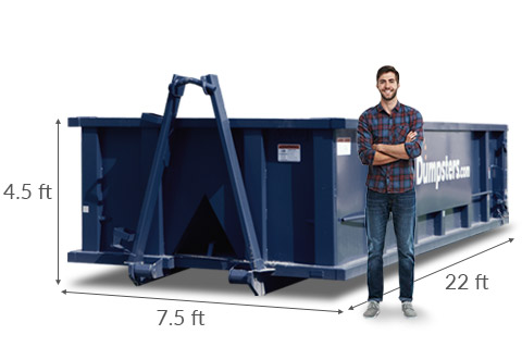 man standing in front of 20 yard dumpster with height, width and length dimensions