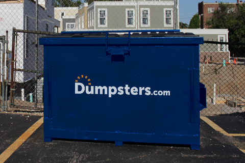 A blue Dumpsters.com 4 cubic yard front load dumpster