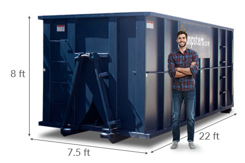 Man Standing Next to 20 yd Dumpster with Dimensions 22 feet x 7.5 feet x 8 feet