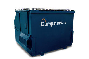 front and side view of blue front load dumpster