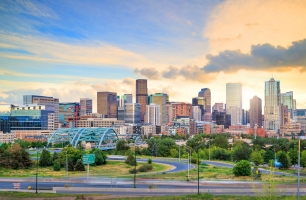 The Denver skyline with a park in the foreground.