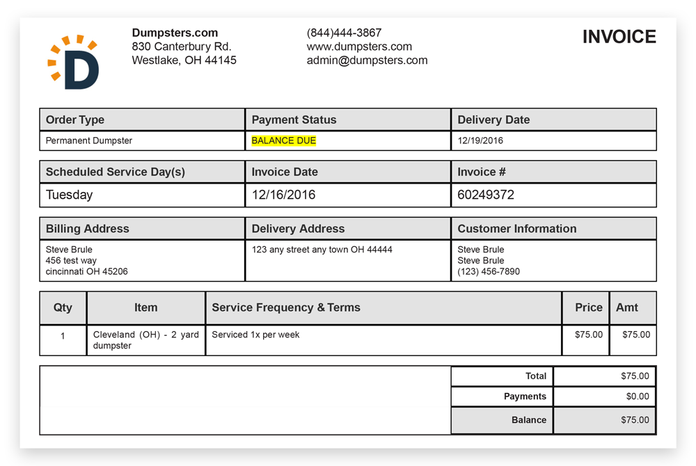 image of a commercial dumpster bill example