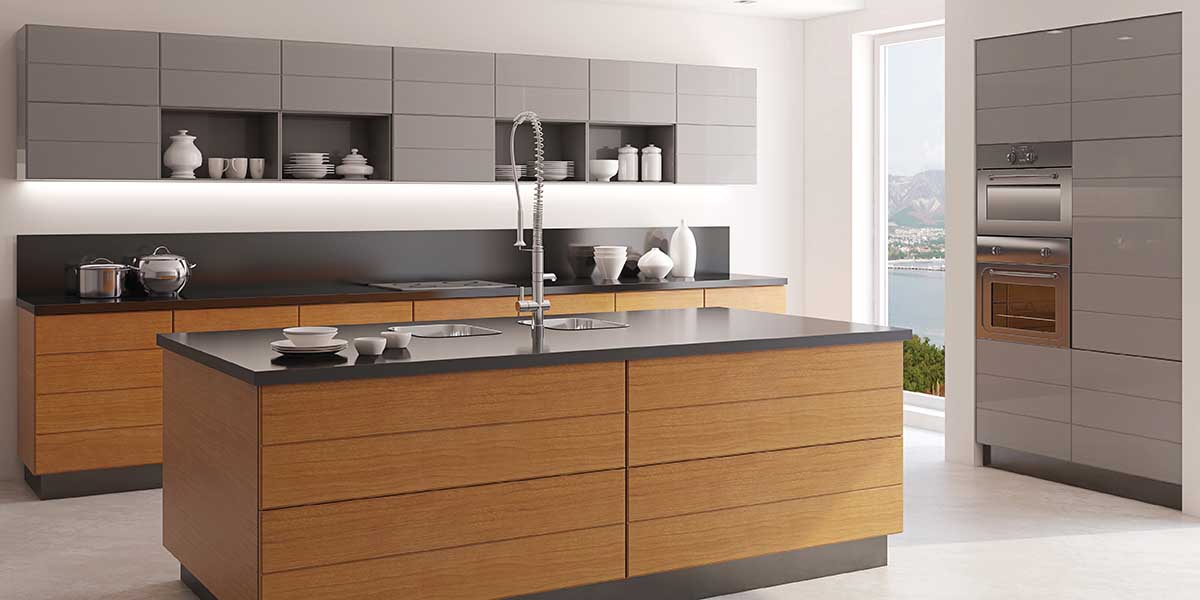A modern kitchen with a large kitchen island