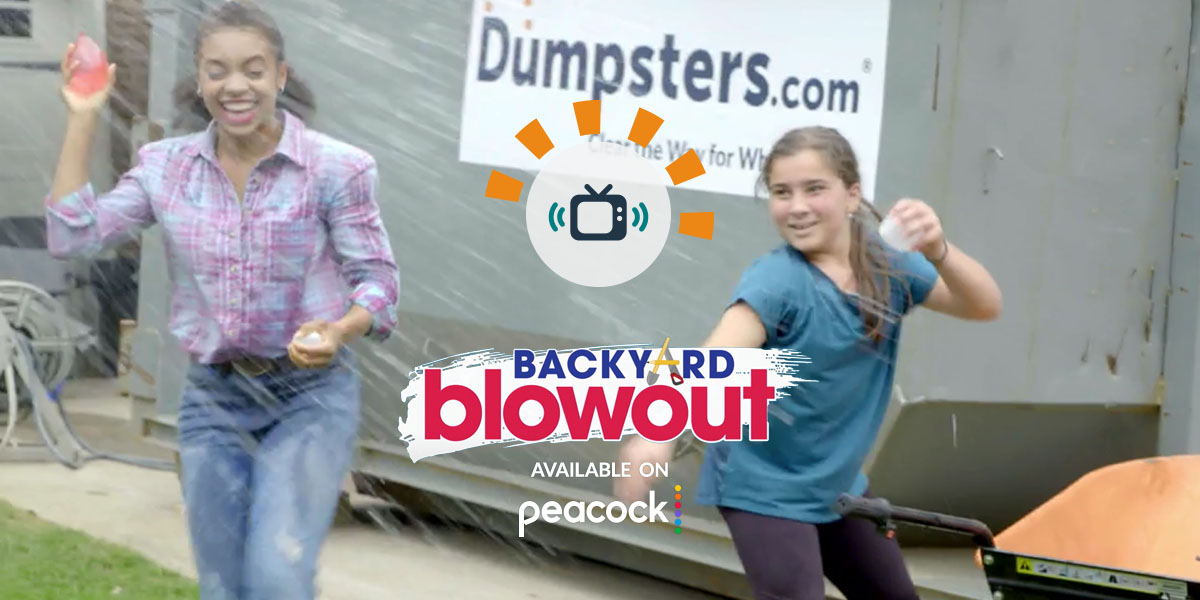 Kids throwing water balloons in front of Dumpsters.com dumpster.