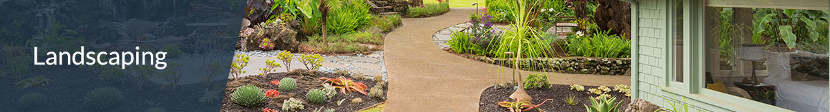 The header "landscaping" over the photo of an updated backyard with natural-looking waterfall, garden and patio with table and chairs.