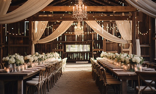 An old barn that has been converted into an event space and is decorated for a wedding. 