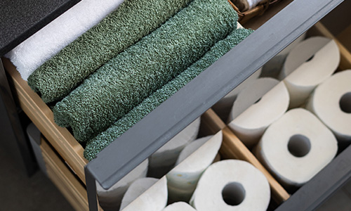 Neatly organized bathroom drawers. 