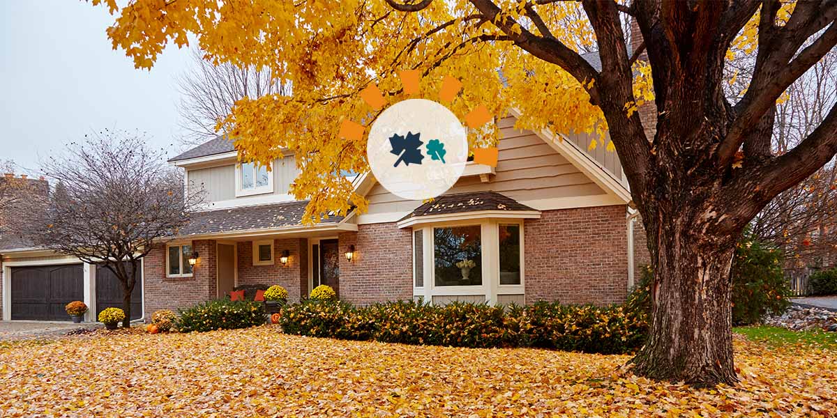 Brick and vinyl house in fall before winter with lawn covered leaves homeowner checklist.