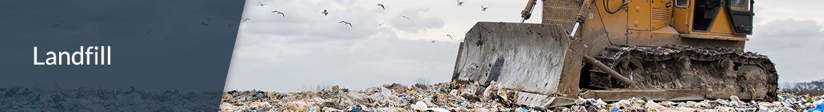 White text 'Landfill' over image of a bulldozer pushing trash at a landfill.
