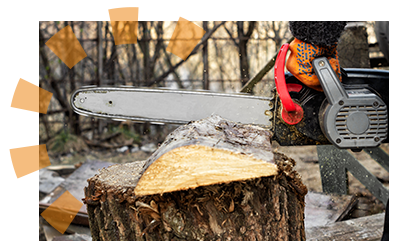 A chainsaw cutting a piece of tree stump for removal.
