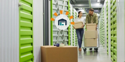 A couple holding boxes cleaning out a storage unit. 