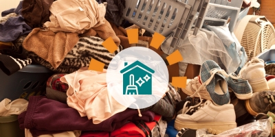 A pile of clothes, shoes, baskets and boxes.