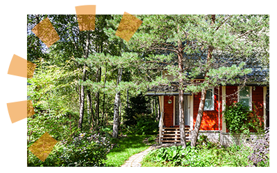 A red home hidden by overgrowth.