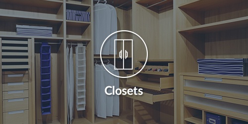 An icon for closets over an image of a walk-in closet.