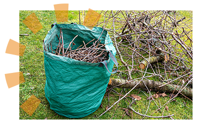 A bag of twigs and tree branches from a lawn cleanup.