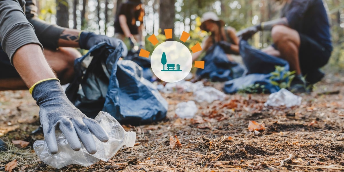 People picking up litter in a wooded area.