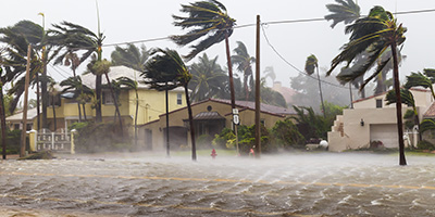 A hurricane blows through a residential neighborhood as the road starts to flood.