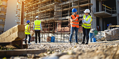 Four construction workers at the jobsite of an industrial building.