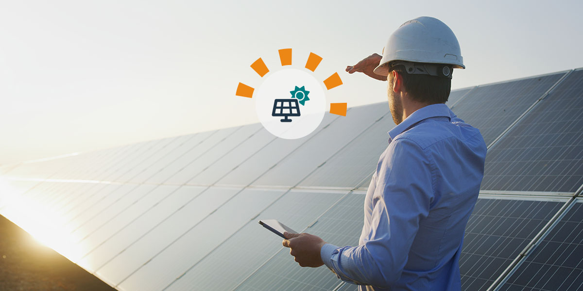 Construction worker looking toward the sun next to a line of solar panels with a tablet in their hand.