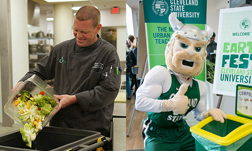 Employees and the Viking mascot of Cleveland State University celebrate Earth Fest.