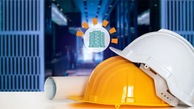 Two Construction Hats in Front of Data Center