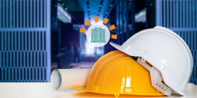 Two construction helmets, one white and one yellow, resting on top of each other and next to rolled blueprints, with a network of servers in the background.