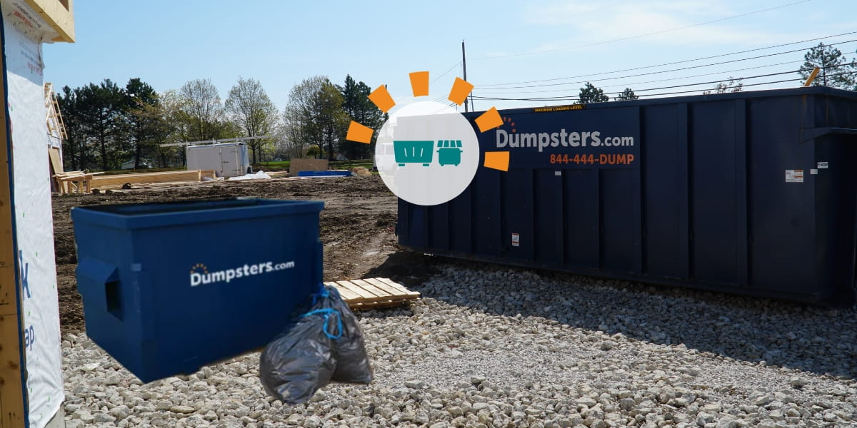 Dumpsters.com Roll Off Dumpster and Front Load Dumpster on Gravel Surface