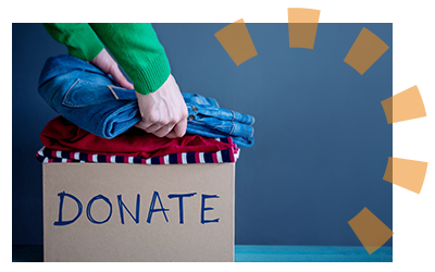 A donation filled with items from a cluttered garage to be donated to a local charity.