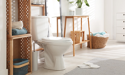 A bathroom filled with added storage space. 