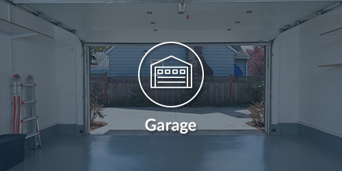 An icon for garages over an image of a garge with an open door.