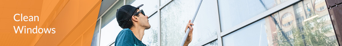 An employee scrubs windows from the outside.