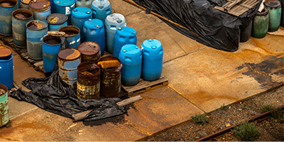 Hazardous waste containers on pallets.