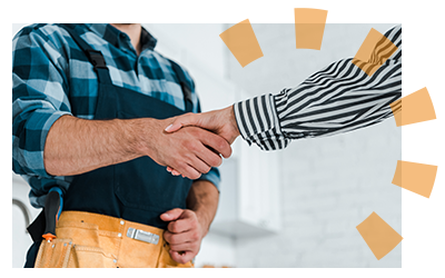 a woman in a striped shirt giving a handshake to a repairman with a plaid shirt and work belt. 