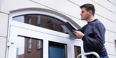 Alt text: A Homeowner Inspects an External Door Frame.