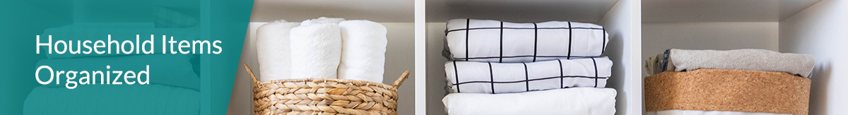 Linens, sweaters, towels organized in baskets for a clutter-free home.