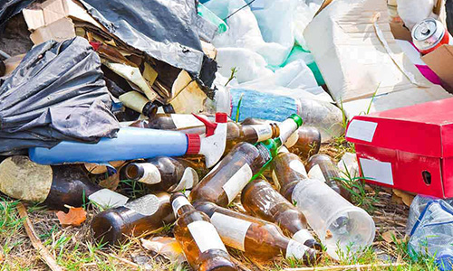 A pile of glass bottles, cardboard and other waste laying in grass. 