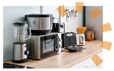 A laminate countertop cluttered with small appliances.