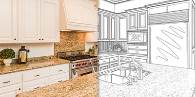 Image of a photo and a drawing of the same kitchen set side by side.