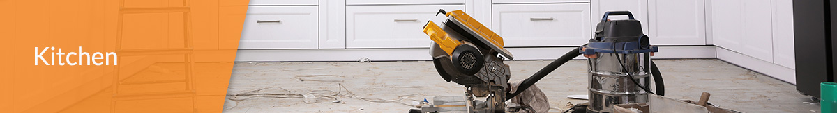 A kitchen with the floor removed.