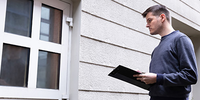 Landlord with repair and maintenance checklist outside a grey house. 