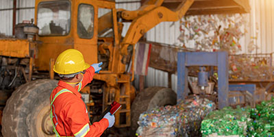 A man in a yellow hardhat directing a tractor at a recycling plant.