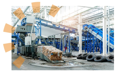 Modern recycling facility with automated conveyor systems and baled cardboard