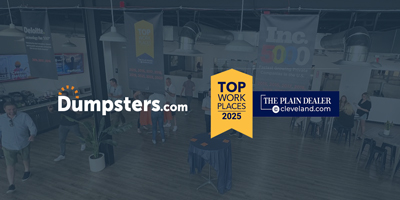 Dumpsters.com logo on top of background image of Dumpsters.com office