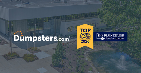Dumpsters.com logo on top of background image of Dumpsters.com office